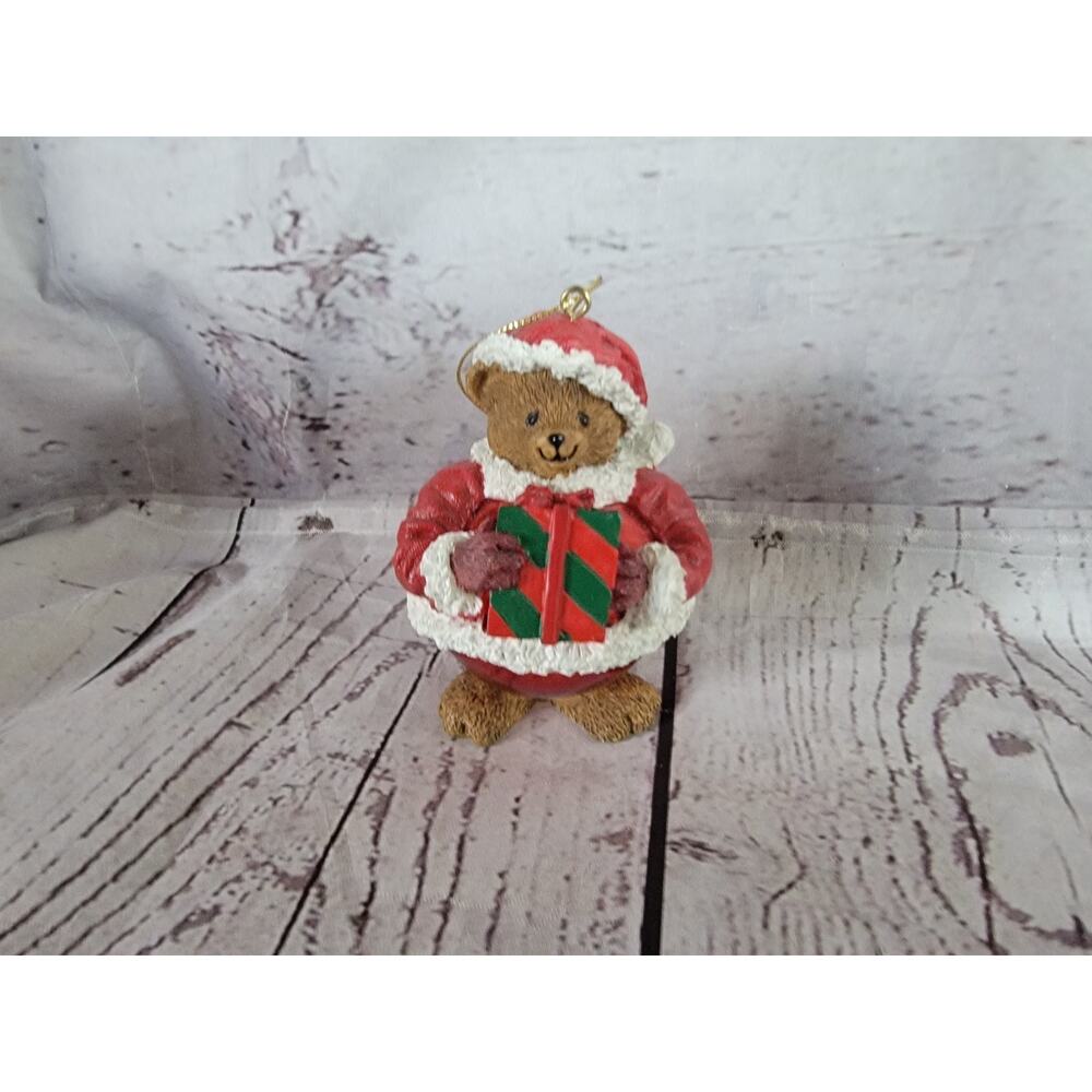 Carlton Cards Santa Bear Holding Present Christmas Ornament 3.25in